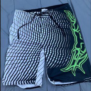 Fox Men Boardshorts Surf Beach Black Green White Drawstring Cargo